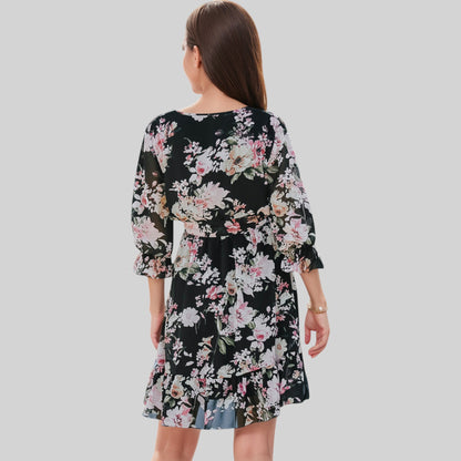 Anna-Kaci Women's Floral Print Wrap Dress with Ruffle Hem and Waist Tie