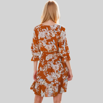 Anna-Kaci Women's Floral Print Wrap Dress with Ruffle Hem and Waist Tie