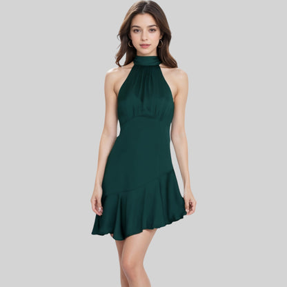 Anna-Kaci Women's Halter Neck Mini Dress with Asymmetrical Ruffle Hem and High Neck Detail