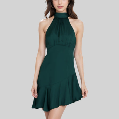 Anna-Kaci Women's Halter Neck Mini Dress with Asymmetrical Ruffle Hem and High Neck Detail