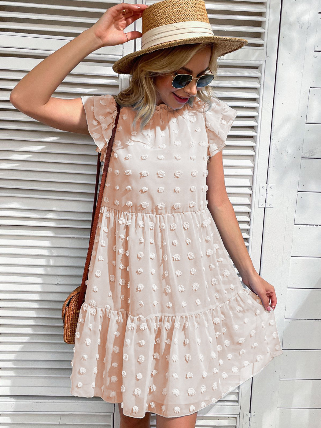 Vestido informal de verano con lunares suizos, cuello alto, manga corta y volantes, holgado