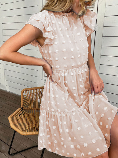 Vestido informal de verano con lunares suizos, cuello alto, manga corta y volantes, holgado