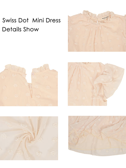 Vestido informal de verano con lunares suizos, cuello alto, manga corta y volantes, holgado