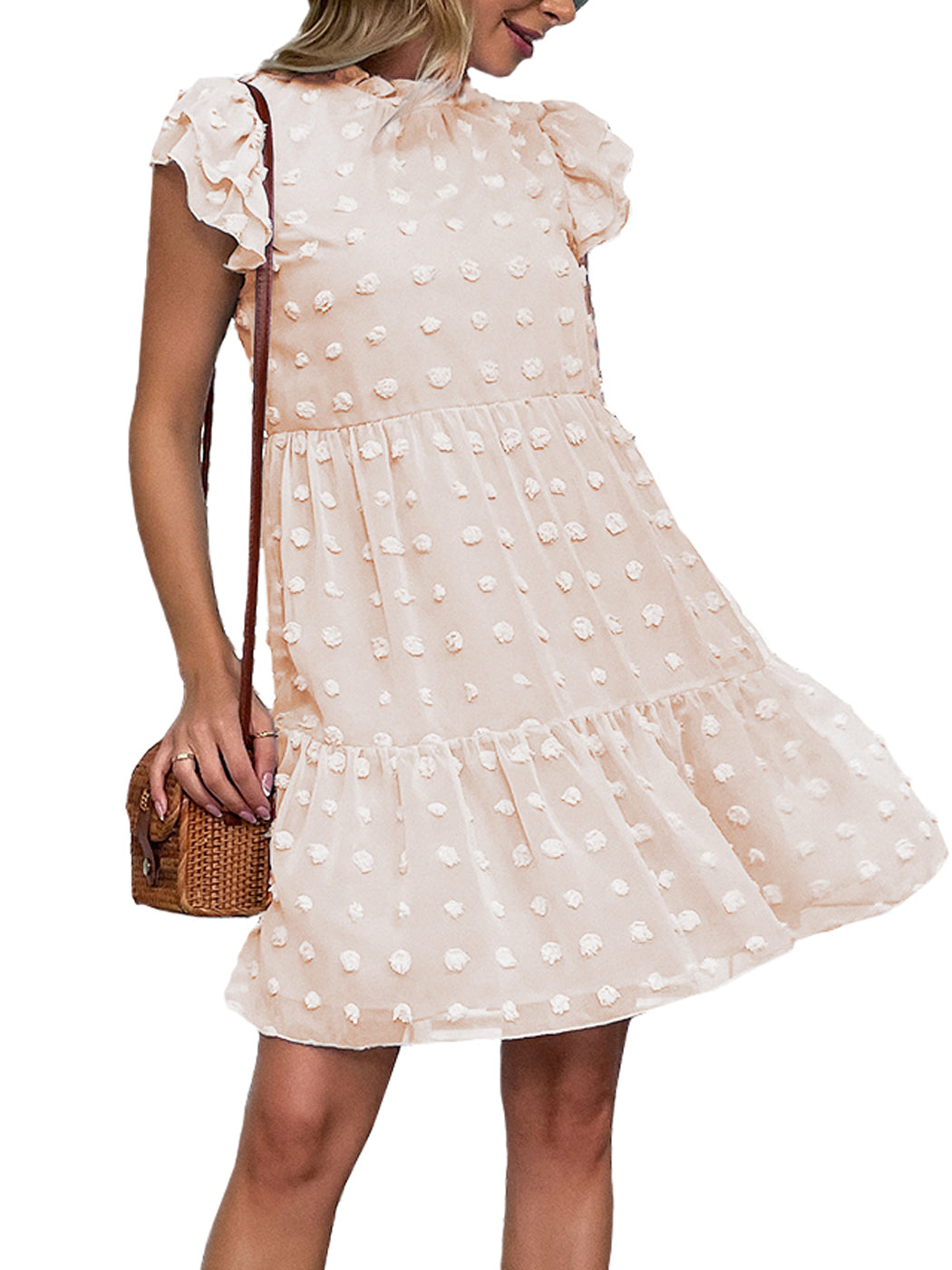 Vestido informal de verano con lunares suizos, cuello alto, manga corta y volantes, holgado