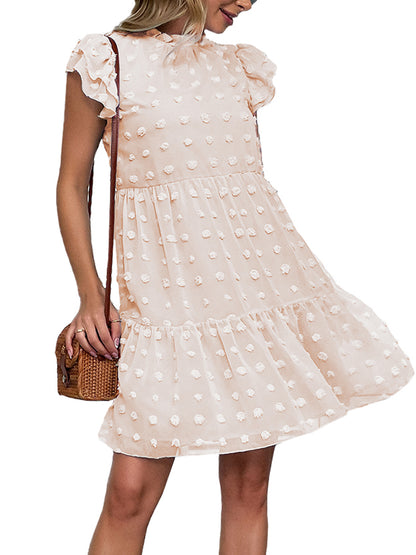 Vestido informal de verano con lunares suizos, cuello alto, manga corta y volantes, holgado