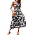 Anna-Kaci Women's Halter Neck Floral Print Midi Dress with Fitted Bodice and Flowing Skirt