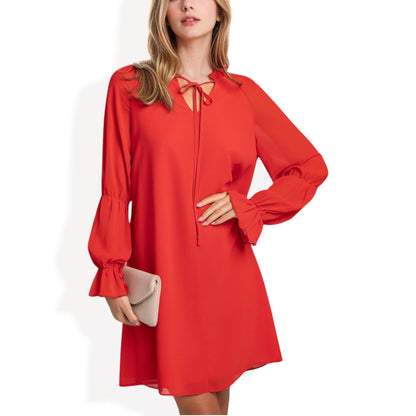 Anna-Kaci Women's A-Line Chiffon Dress with Sheer Sleeves and Tie Neck Detail