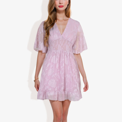 Vestido mini de encaje con escote en V y manga corta