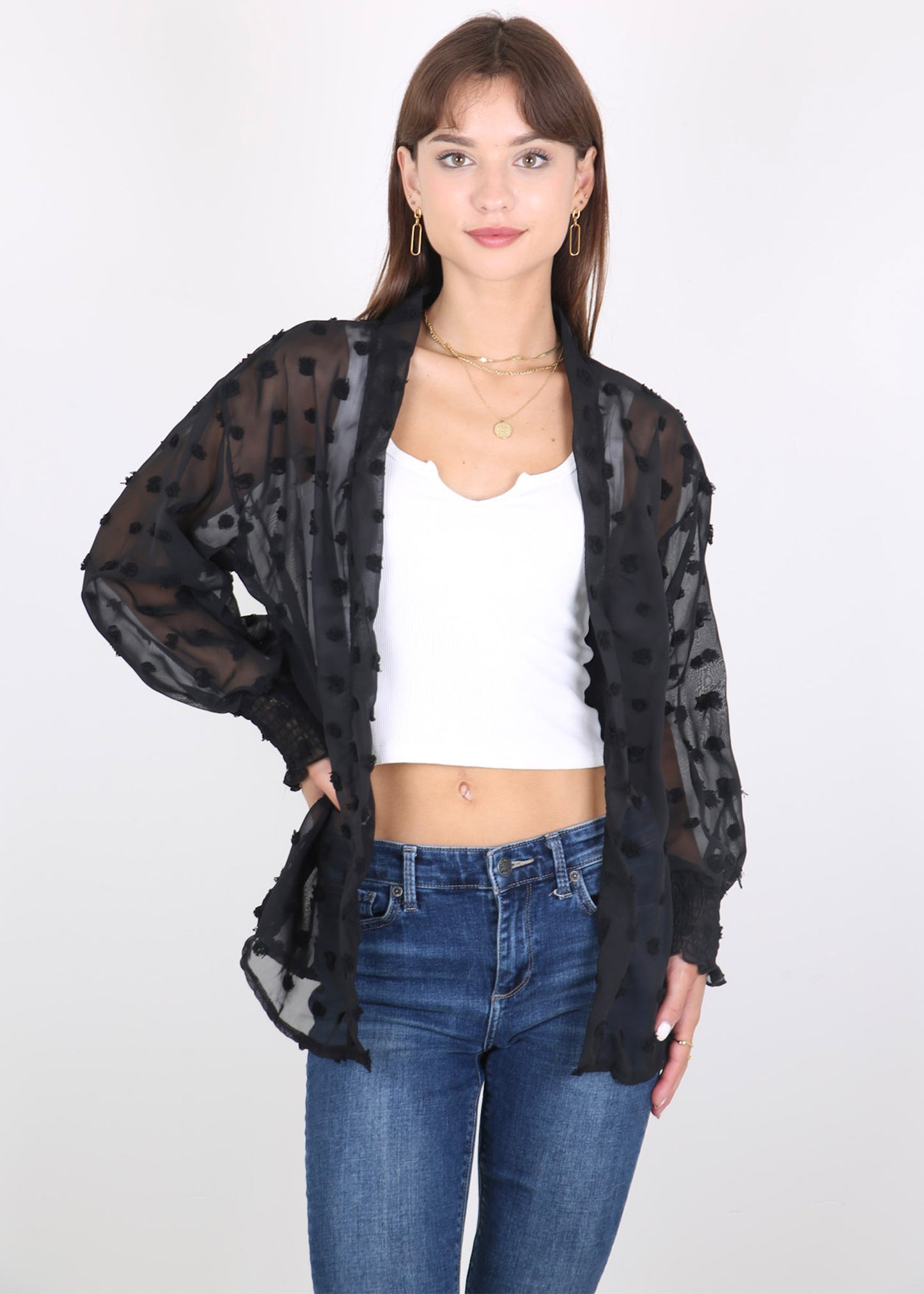 Cárdigan con mangas de obispo y puntos con clip