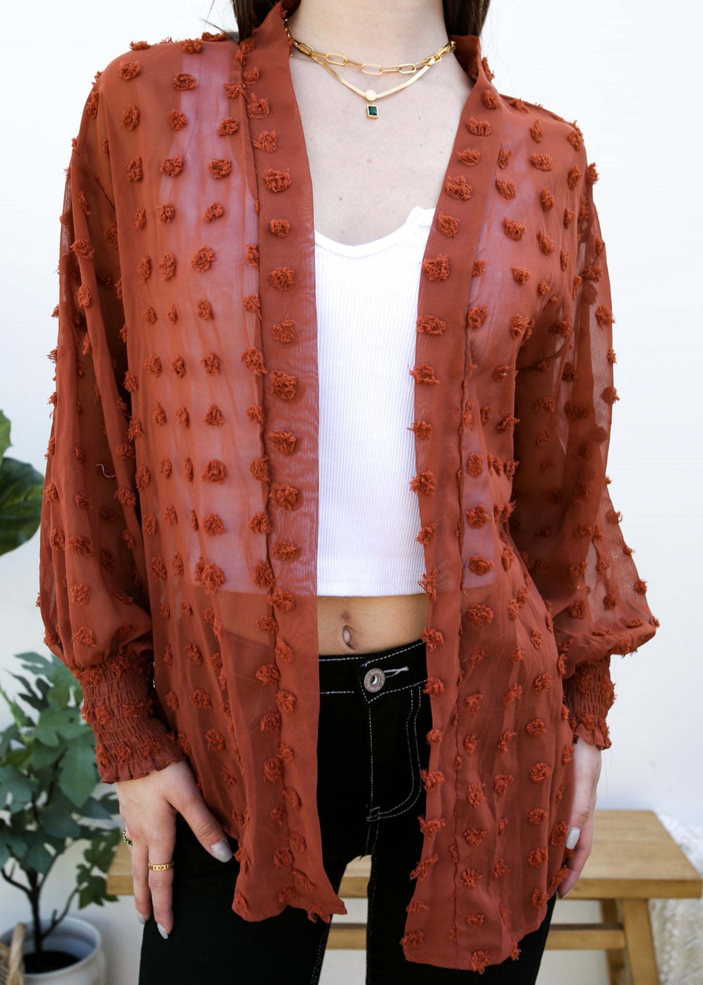 Cárdigan con mangas de obispo y puntos con clip