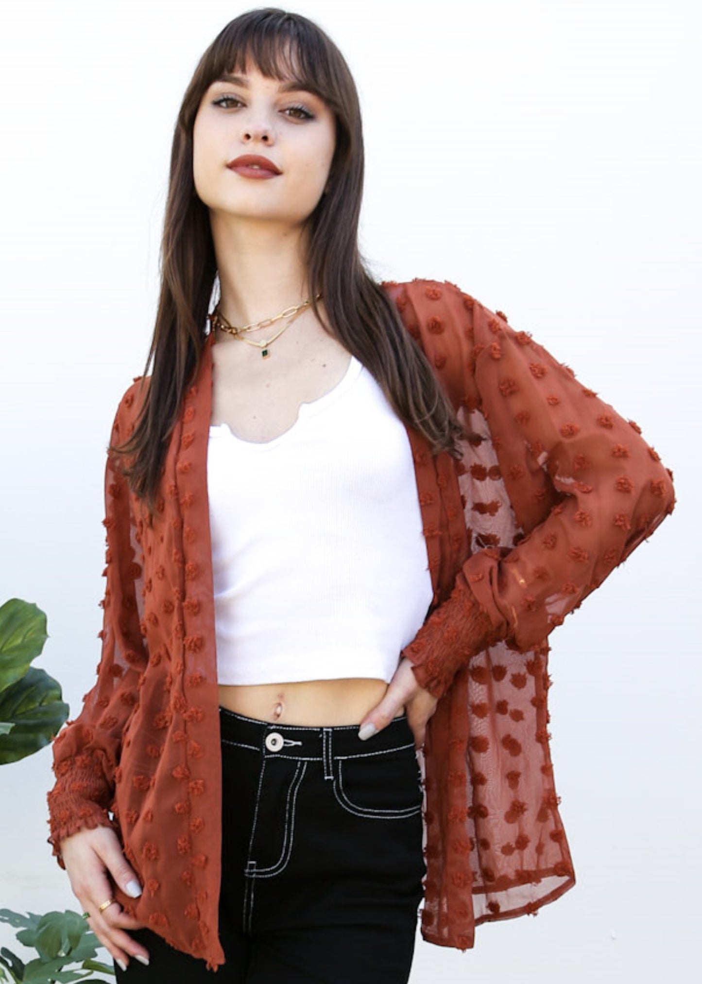 Cárdigan con mangas de obispo y puntos con clip