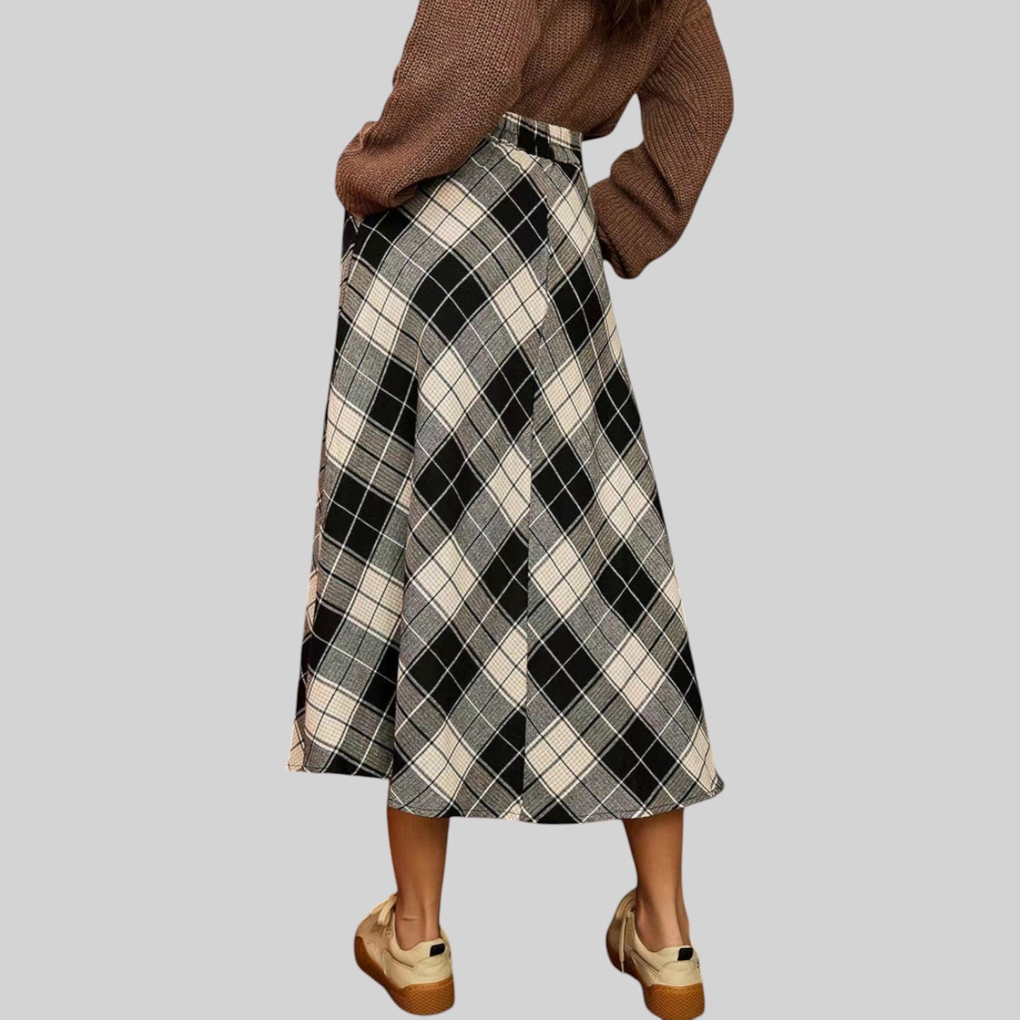 Anna-Kaci Women's Plaid A-Line Midi Skirt with High Waist