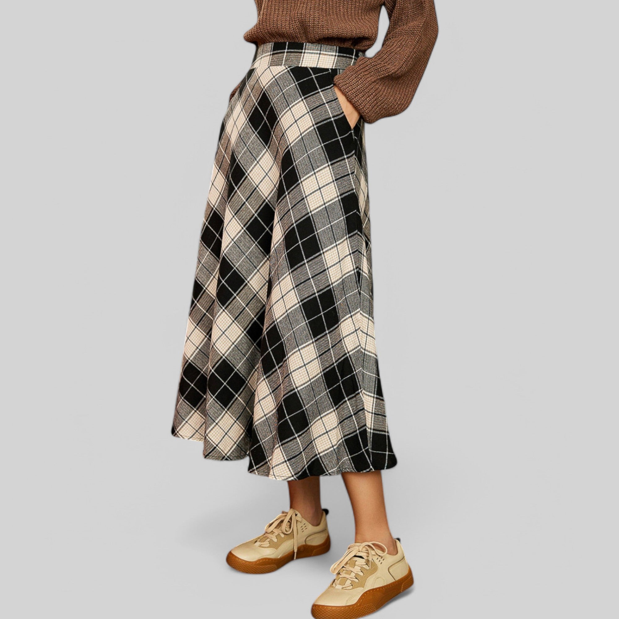 Anna-Kaci Women's Plaid A-Line Midi Skirt with High Waist