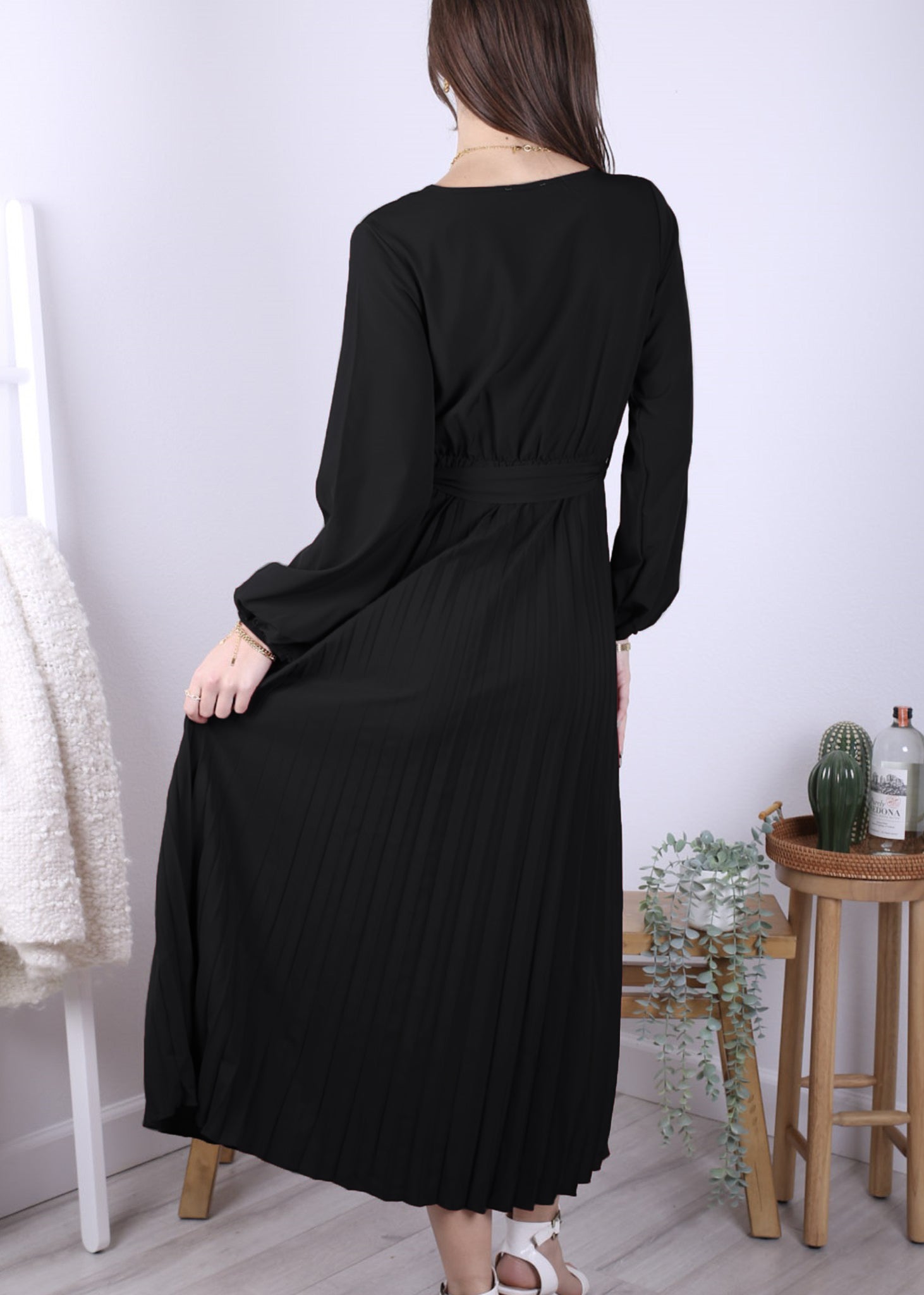 Anna-Kaci Women's Long Sleeve V-Neck Maxi Dress with Pleated Skirt and Waist Tie