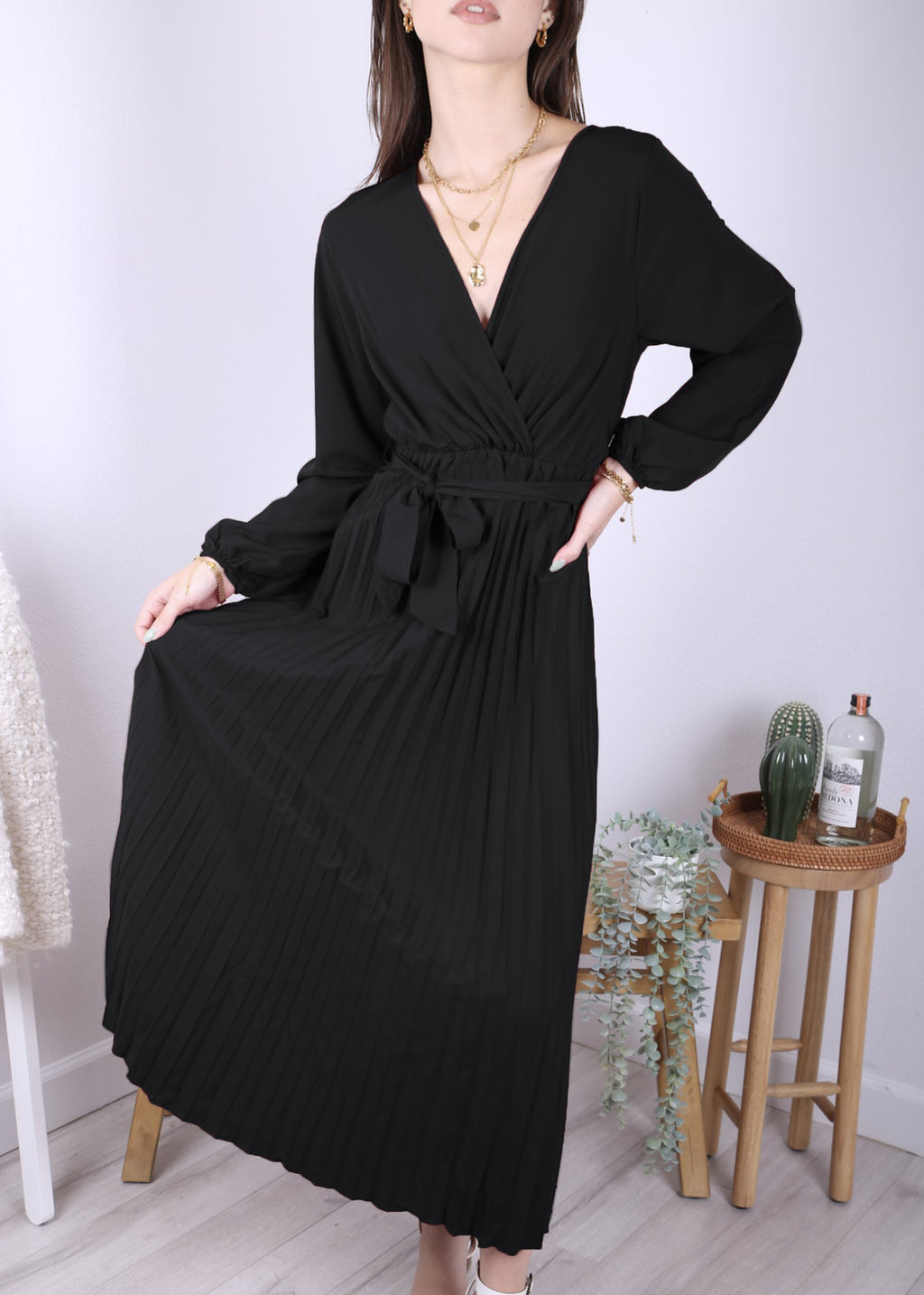 Anna-Kaci Women's Long Sleeve V-Neck Maxi Dress with Pleated Skirt and Waist Tie