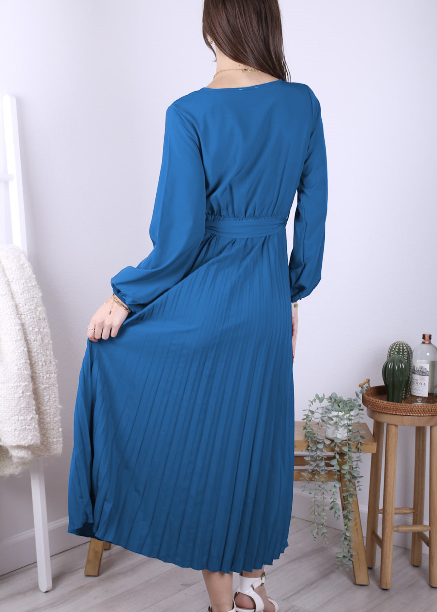 Anna-Kaci Women's Long Sleeve V-Neck Maxi Dress with Pleated Skirt and Waist Tie