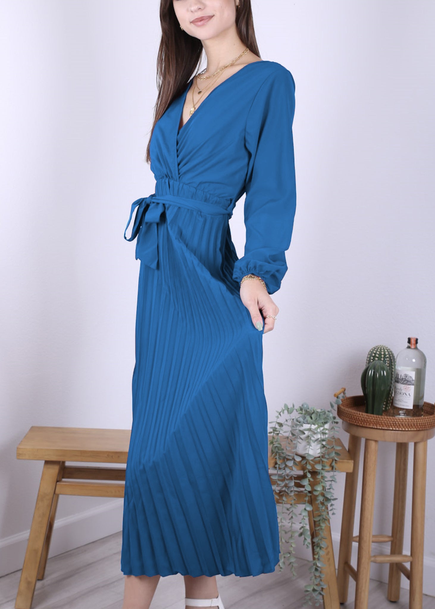 Anna-Kaci Women's Long Sleeve V-Neck Maxi Dress with Pleated Skirt and Waist Tie
