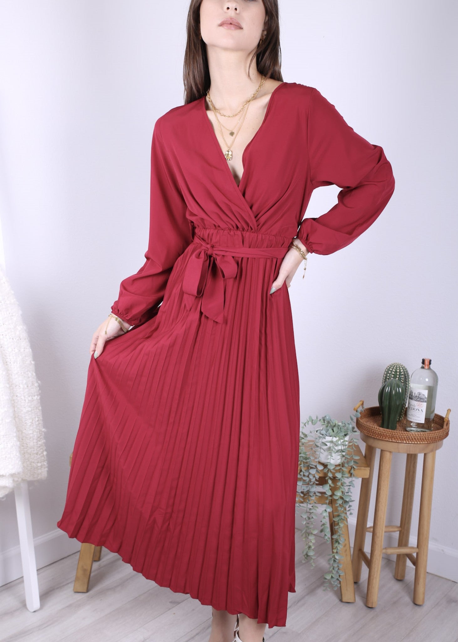Anna-Kaci Women's Long Sleeve V-Neck Maxi Dress with Pleated Skirt and Waist Tie