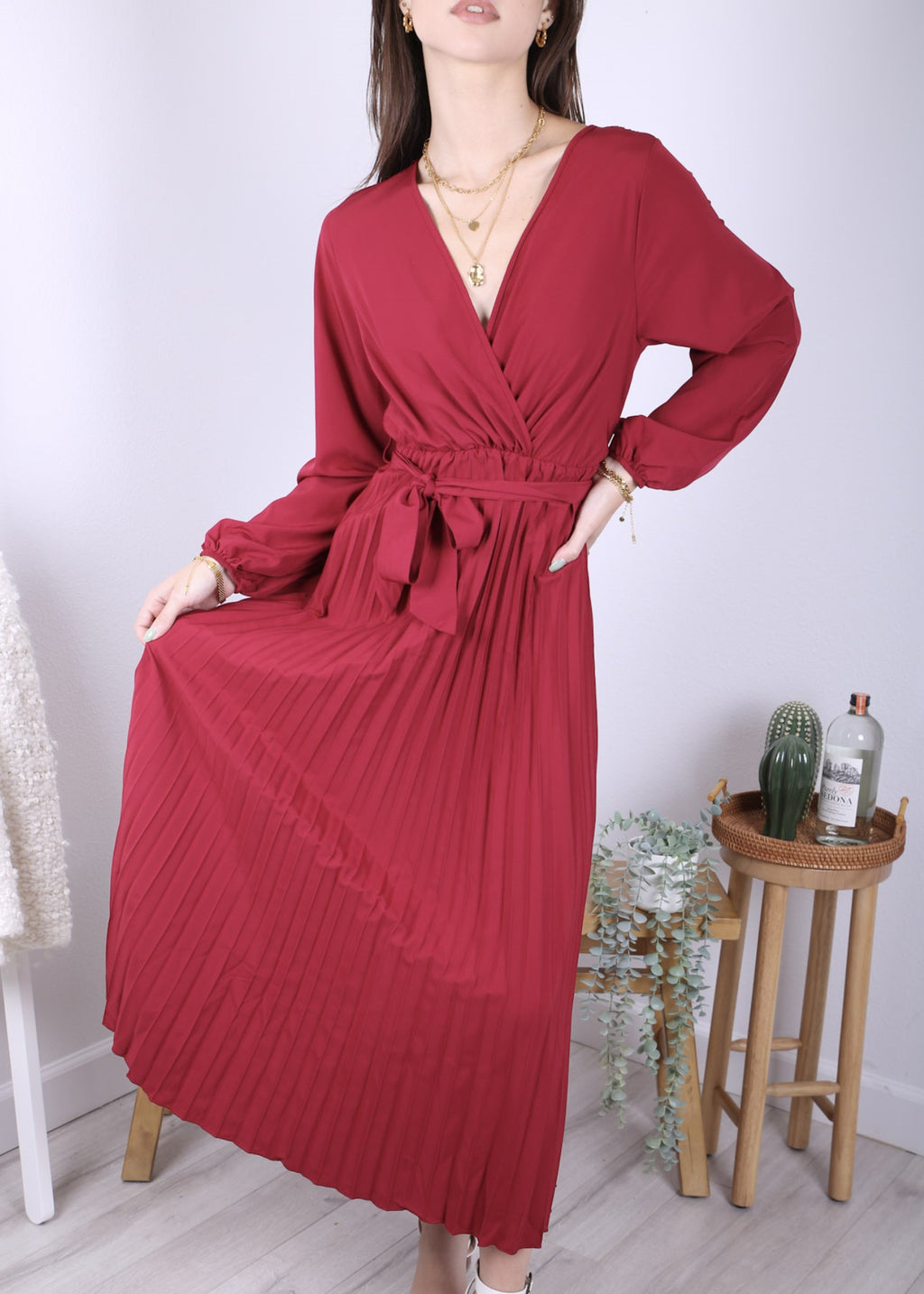 Anna-Kaci Women's Long Sleeve V-Neck Maxi Dress with Pleated Skirt and Waist Tie