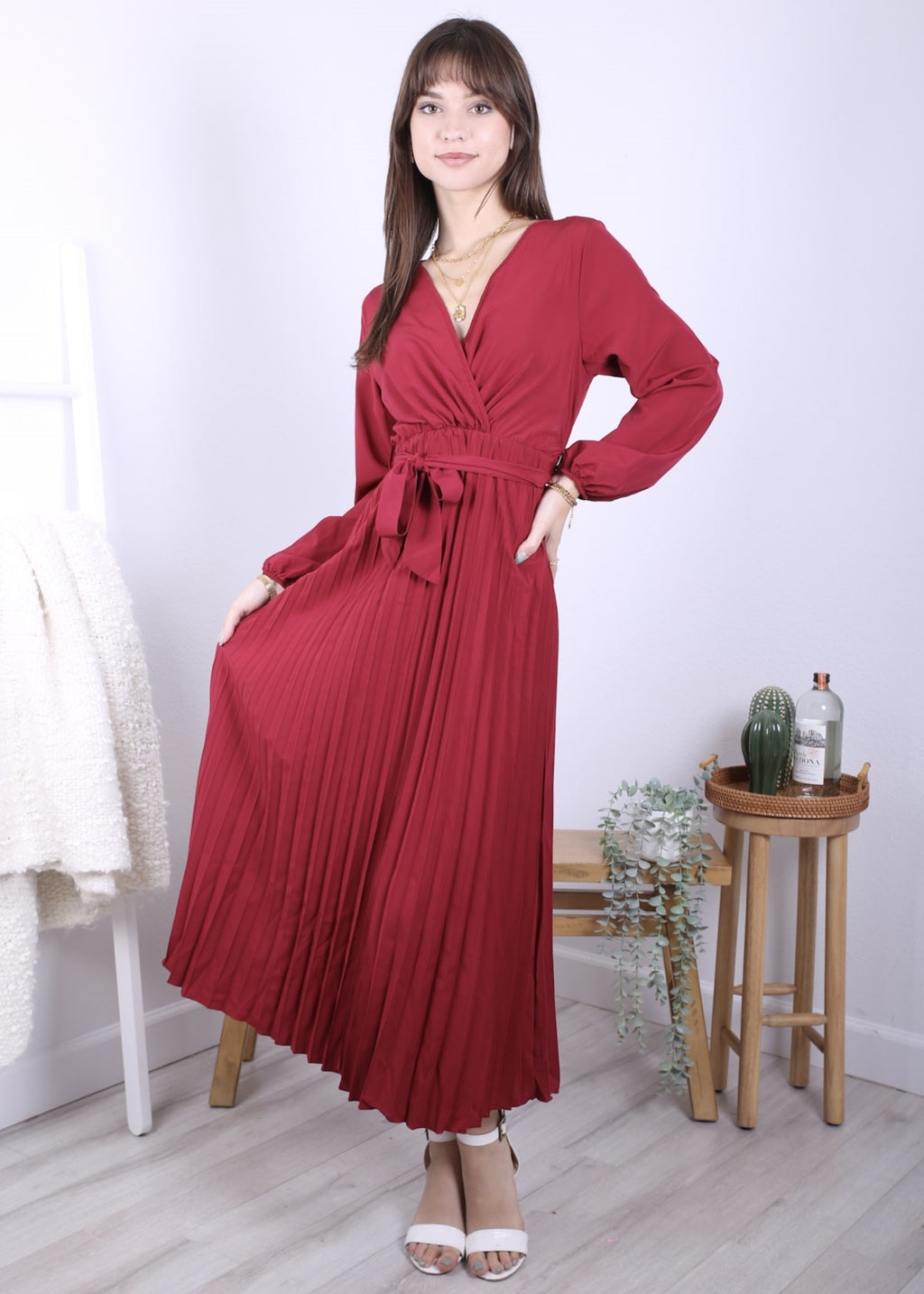 Anna-Kaci Women's Long Sleeve V-Neck Maxi Dress with Pleated Skirt and Waist Tie