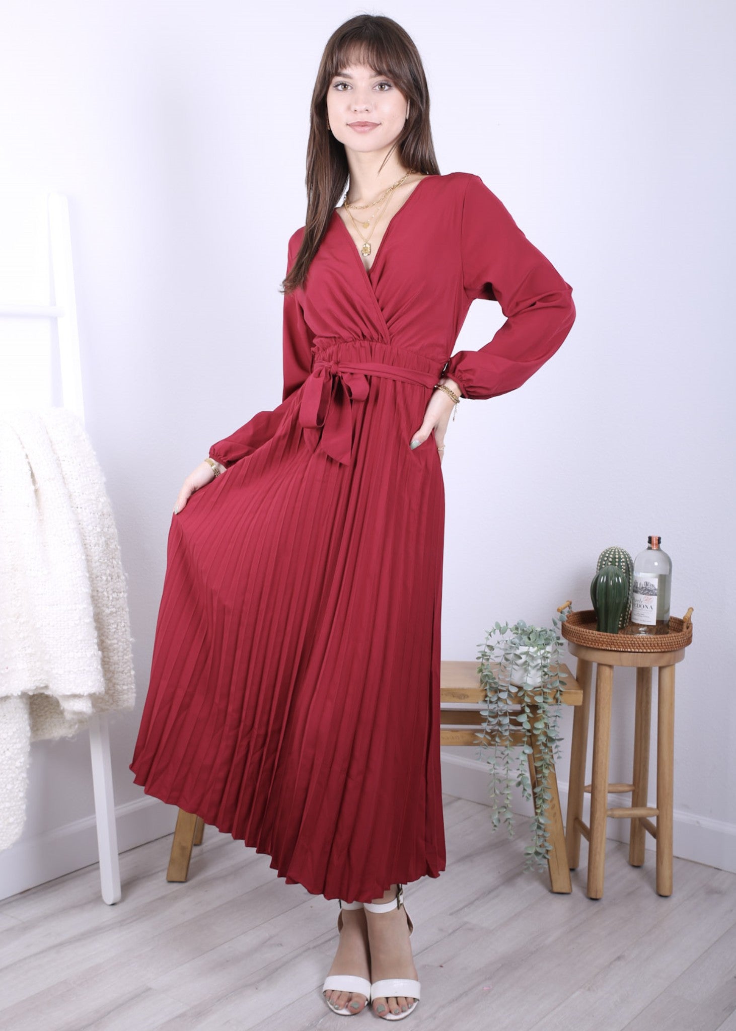 Anna-Kaci Women's Long Sleeve V-Neck Maxi Dress with Pleated Skirt and Waist Tie