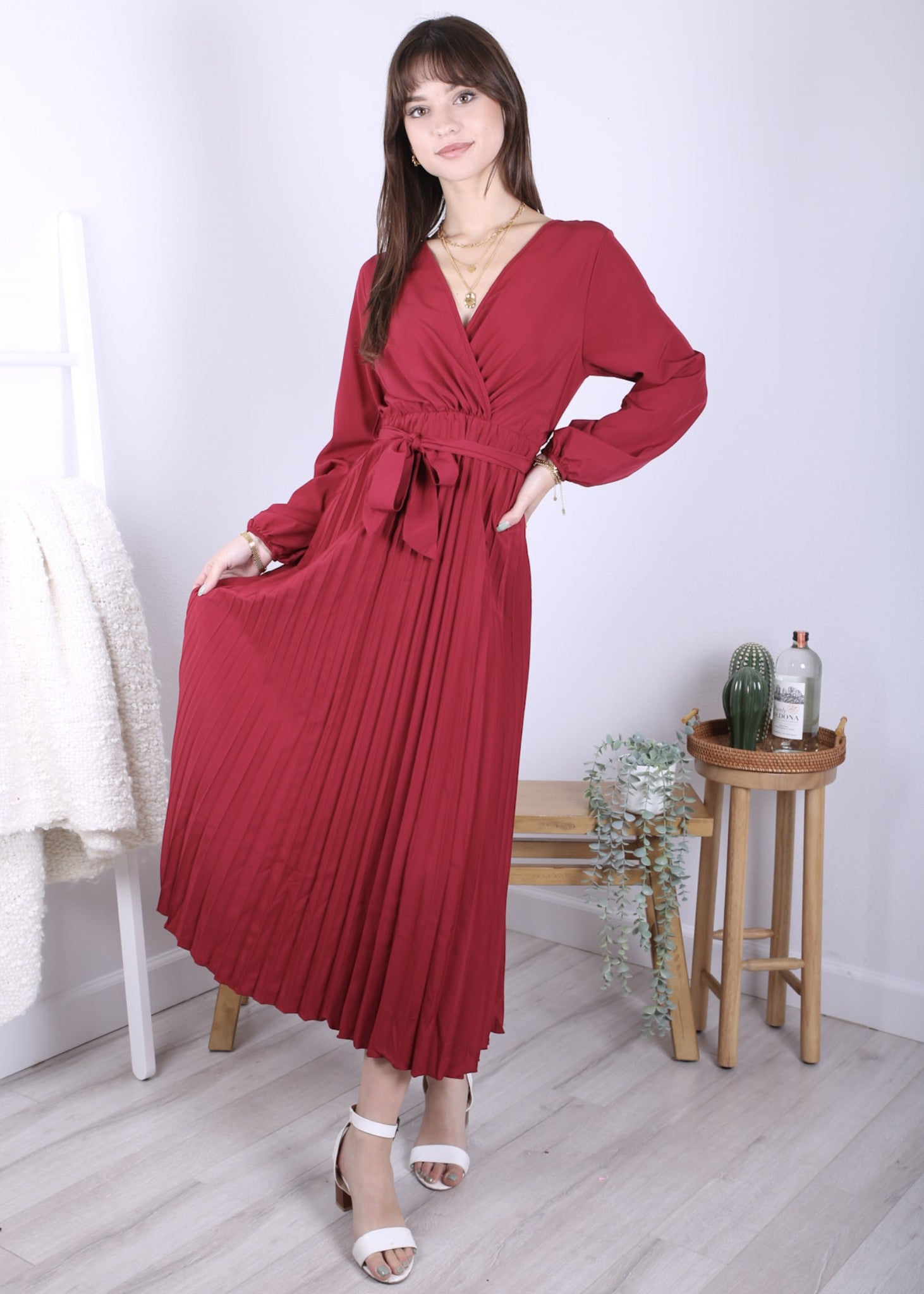 Anna-Kaci Women's Long Sleeve V-Neck Maxi Dress with Pleated Skirt and Waist Tie