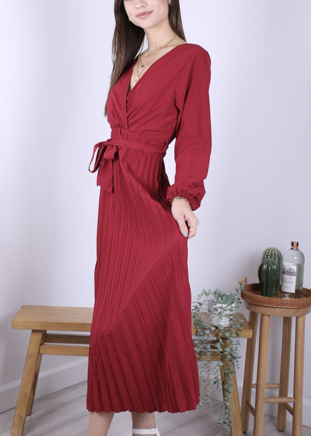 Anna-Kaci Women's Long Sleeve V-Neck Maxi Dress with Pleated Skirt and Waist Tie