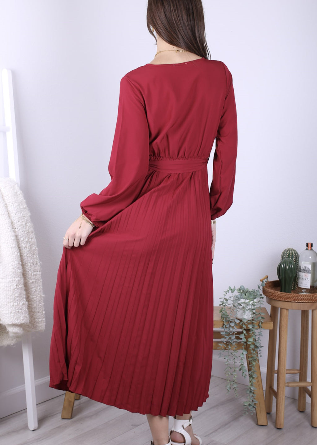 Anna-Kaci Women's Long Sleeve V-Neck Maxi Dress with Pleated Skirt and Waist Tie