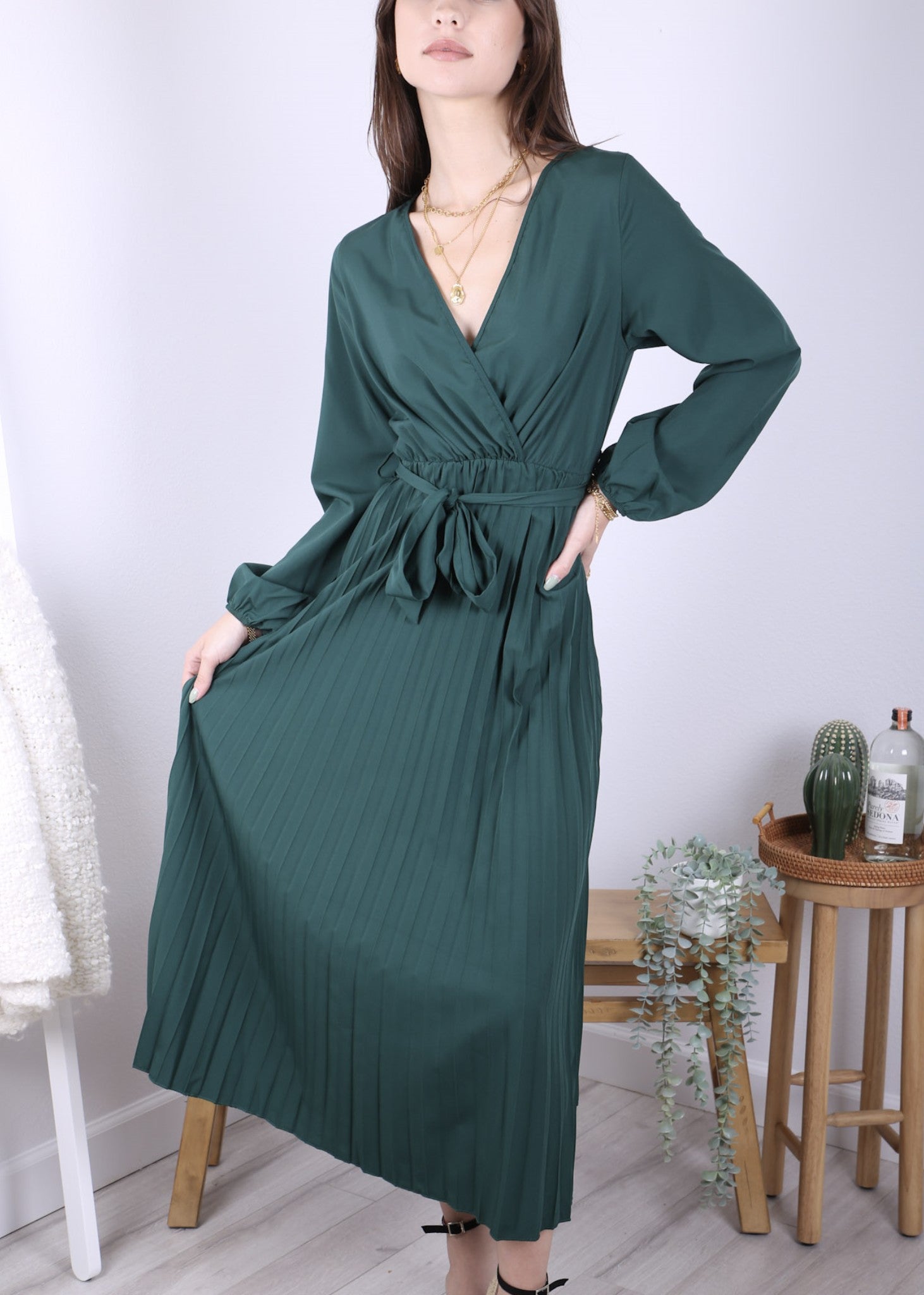 Anna-Kaci Women's Long Sleeve V-Neck Maxi Dress with Pleated Skirt and Waist Tie