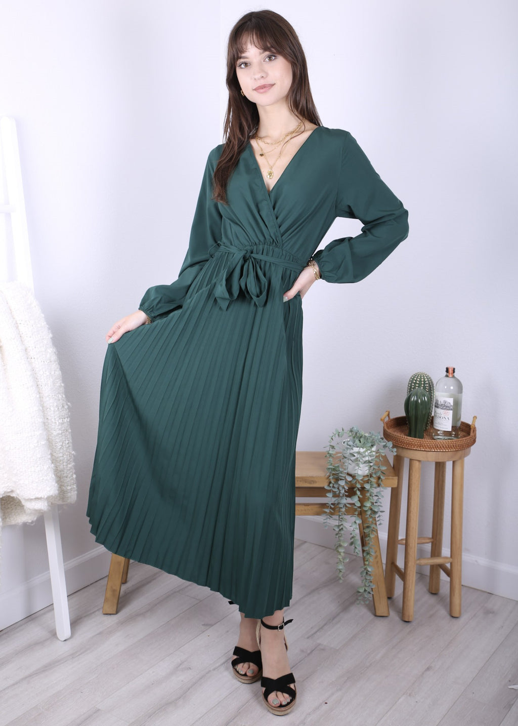 Anna-Kaci Women's Long Sleeve V-Neck Maxi Dress with Pleated Skirt and Waist Tie