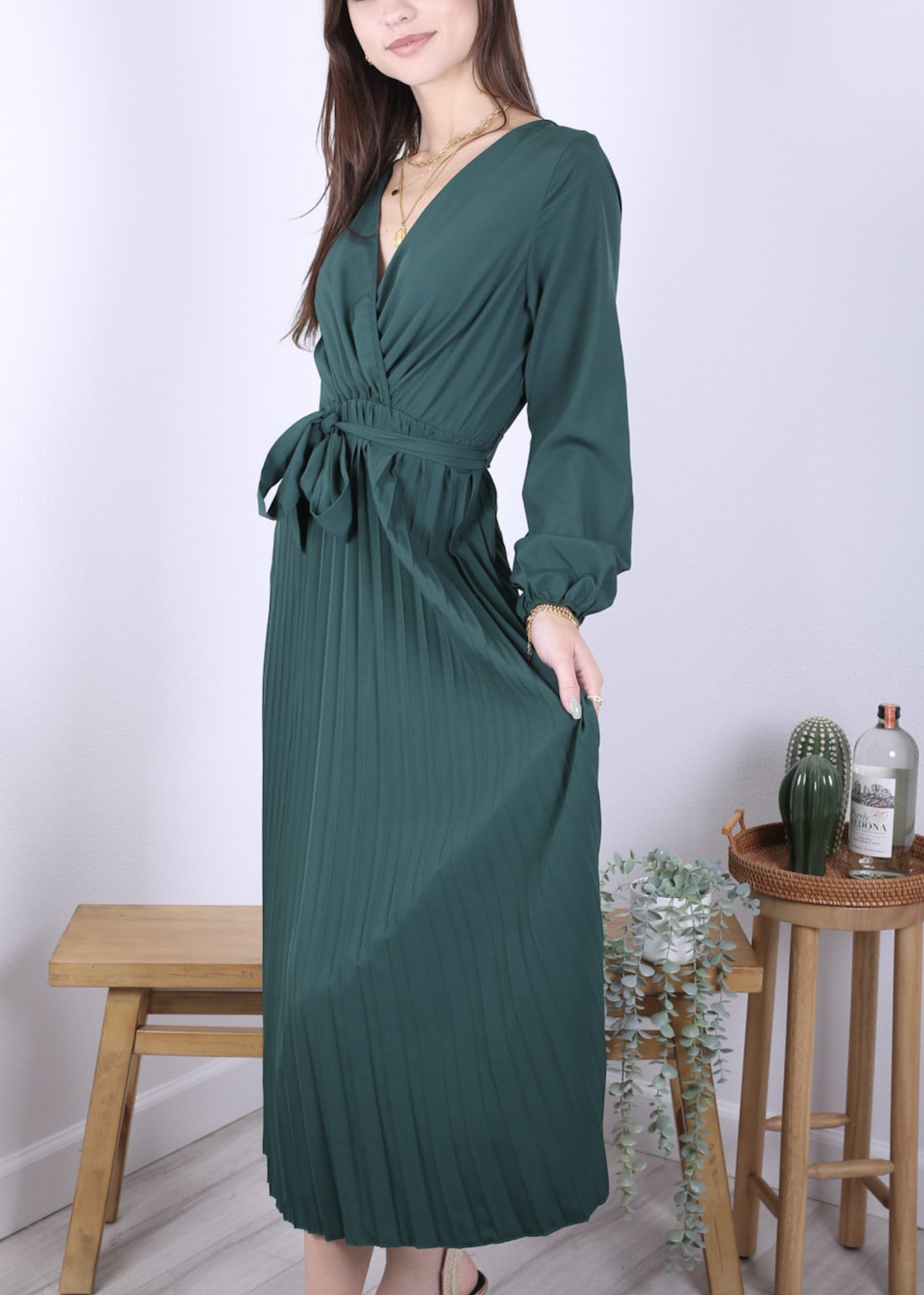 Anna-Kaci Women's Long Sleeve V-Neck Maxi Dress with Pleated Skirt and Waist Tie