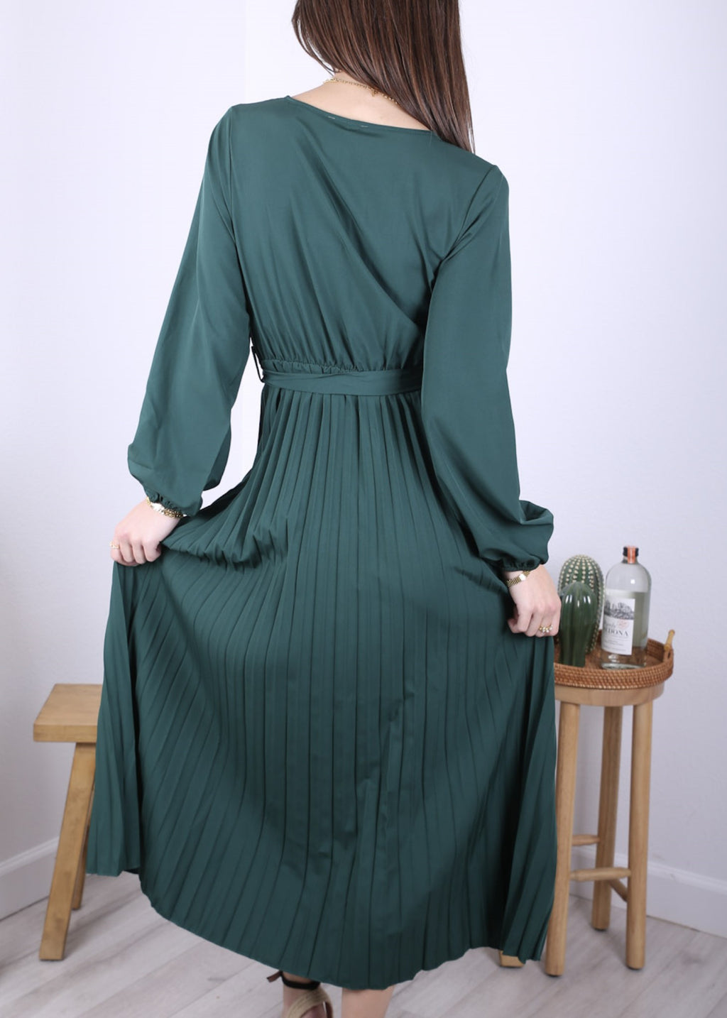 Anna-Kaci Women's Long Sleeve V-Neck Maxi Dress with Pleated Skirt and Waist Tie