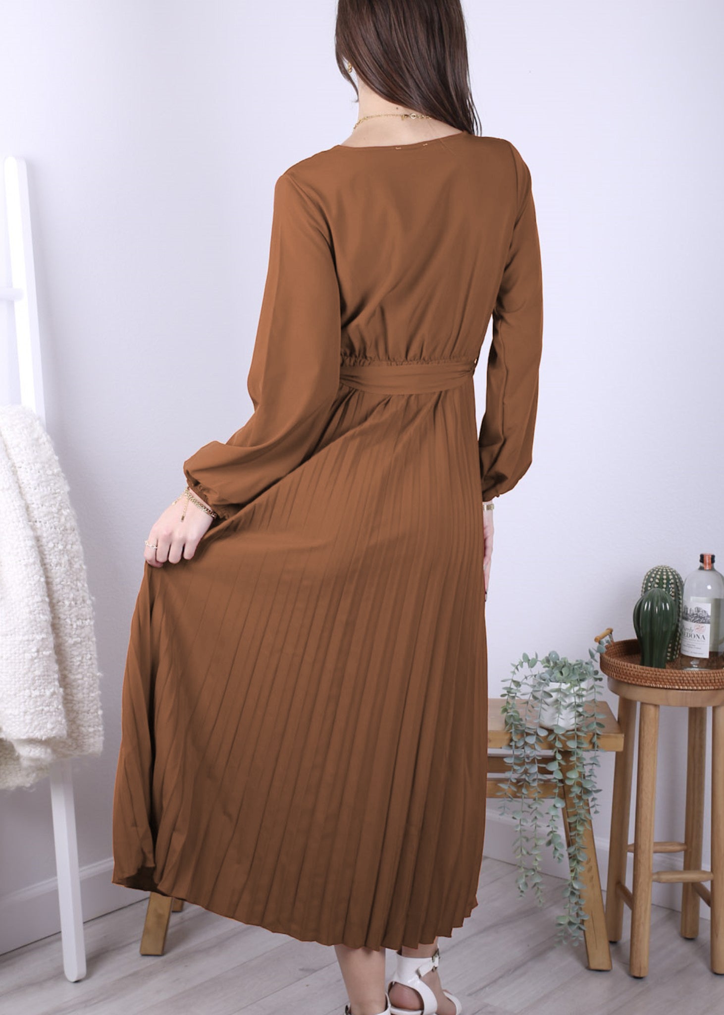 Anna-Kaci Women's Long Sleeve V-Neck Maxi Dress with Pleated Skirt and Waist Tie