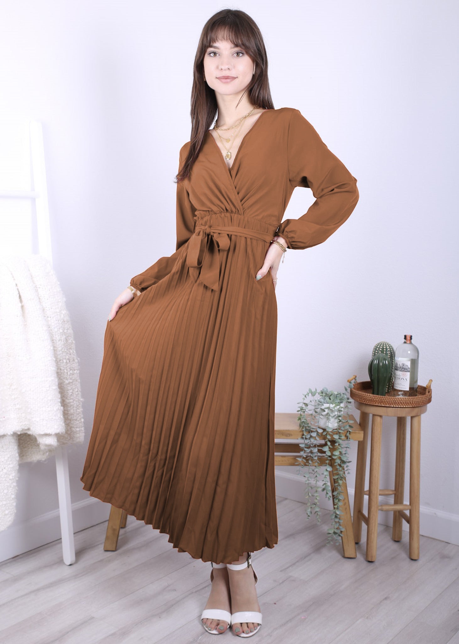 Anna-Kaci Women's Long Sleeve V-Neck Maxi Dress with Pleated Skirt and Waist Tie