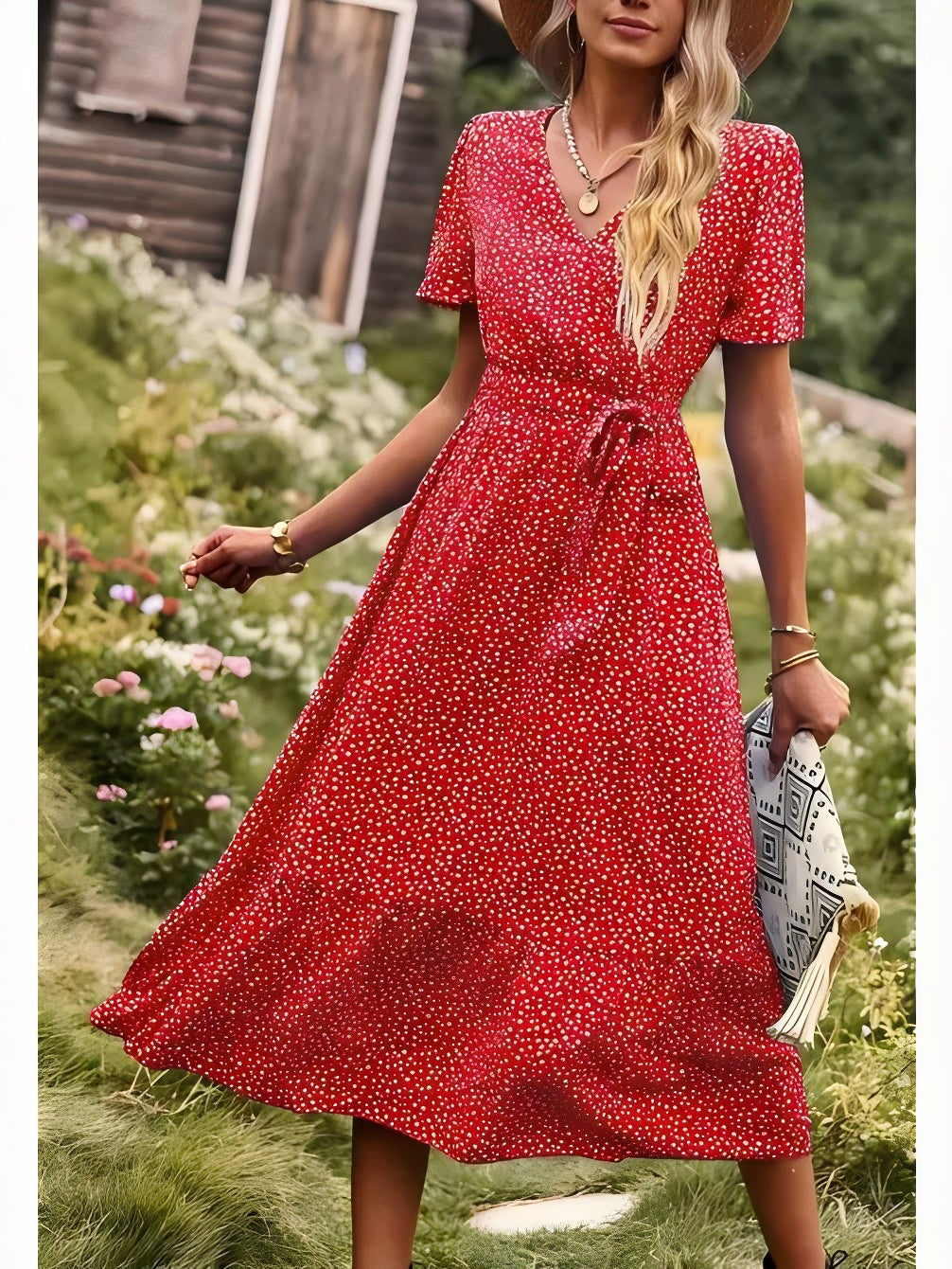 Vestido midi con dobladillo con volantes y estampado floral 