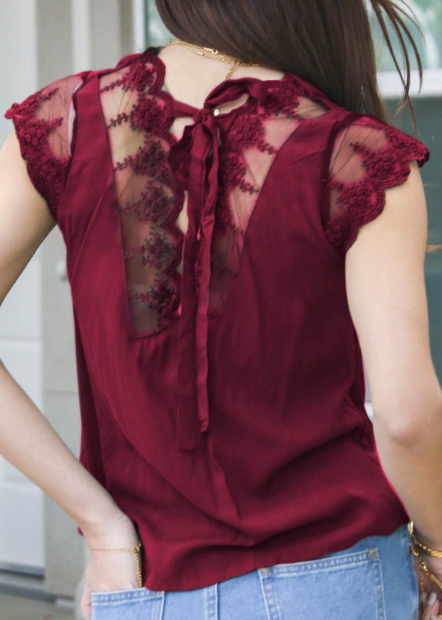 Tie Back Lace Trim Blouse