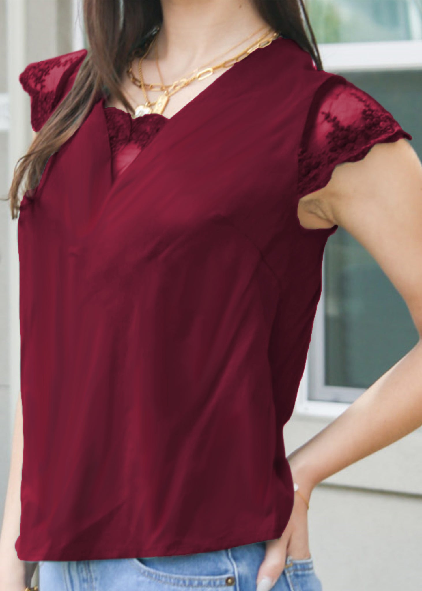 Blusa con ribete de encaje y lazo en la espalda