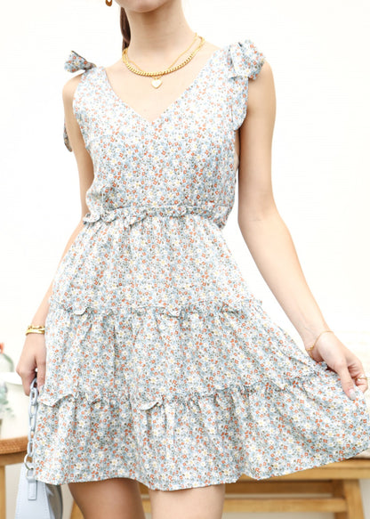 Tie Shoulder Floral Ruffle Tiered Dress