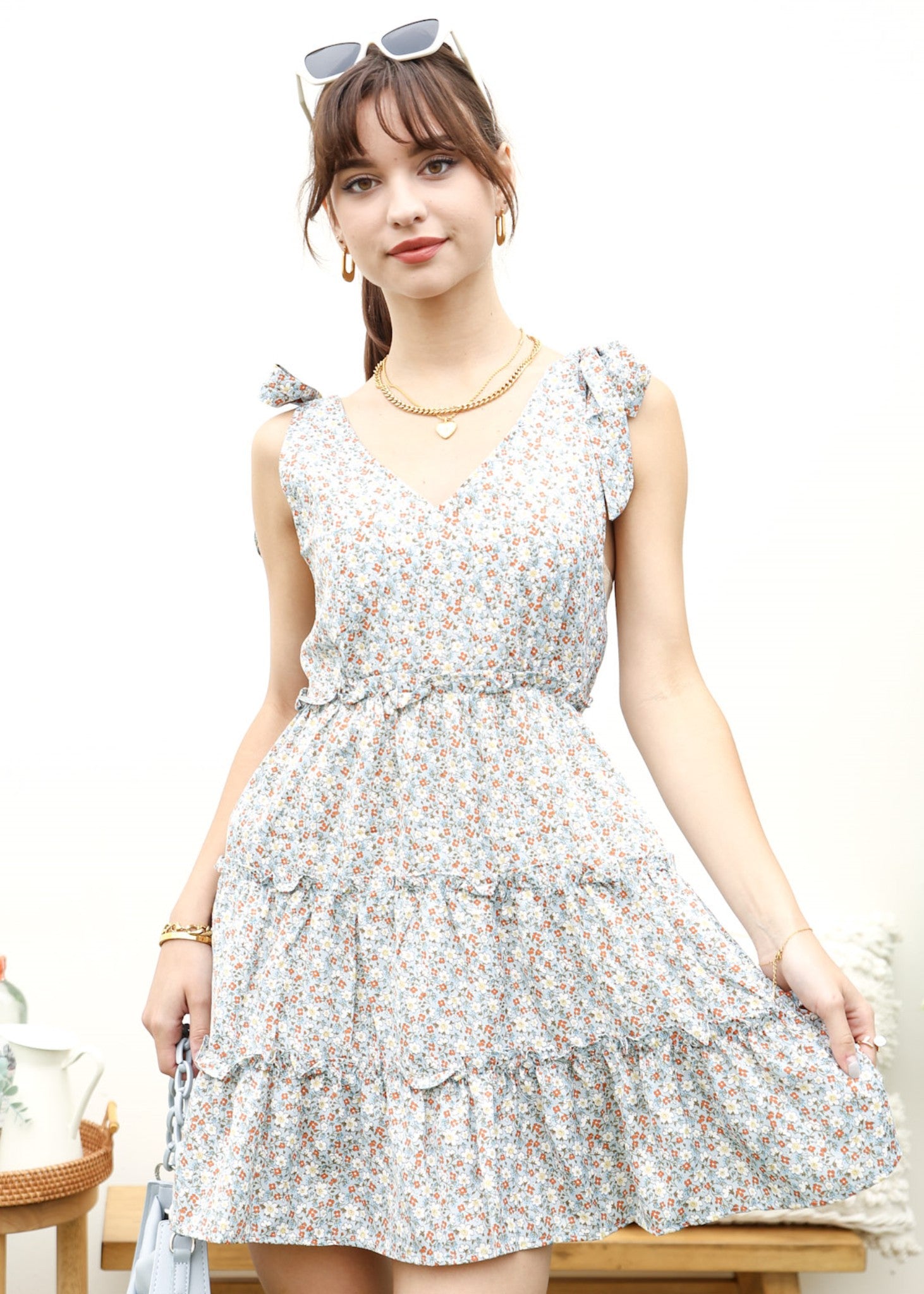 Tie Shoulder Floral Ruffle Tiered Dress
