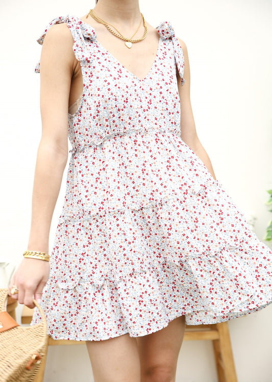 Tie Shoulder Floral Ruffle Tiered Dress