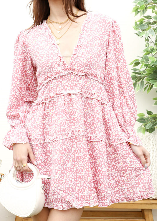 Ruffle Plunge Neck Floral Dress