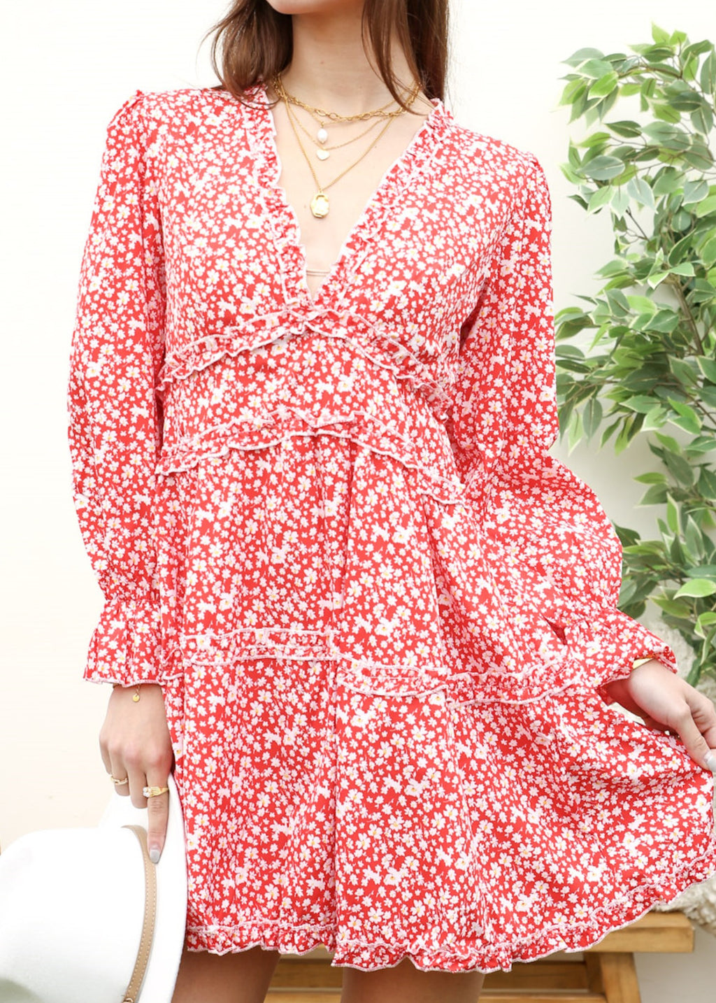 Ruffle Plunge Neck Floral Dress