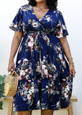 Vestido largo azul marino fluido con estampado floral y escote en V de talla grande 