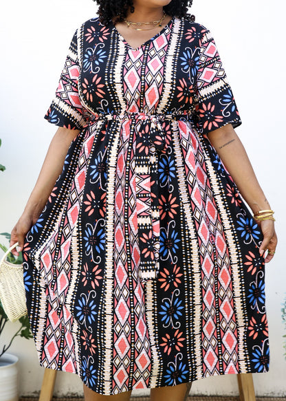 Vestido midi con estampado geométrico y cinturón anudado en talla grande 