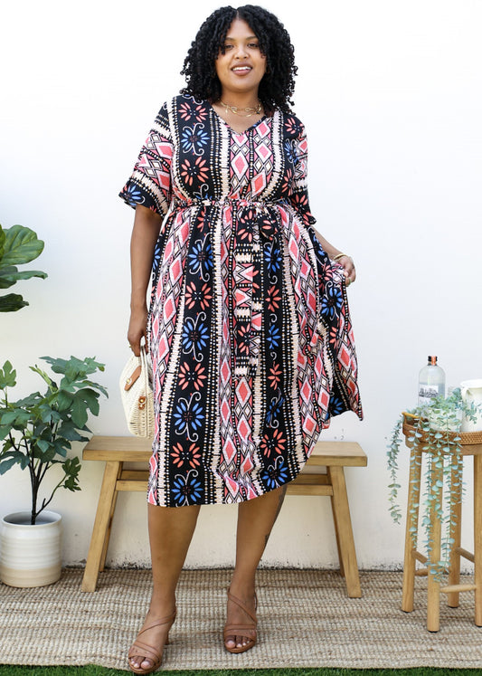 Vestido midi con estampado geométrico y cinturón anudado en talla grande 