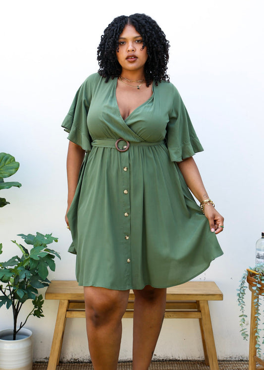 Anna-Kaci Women's Plus Size Short Sleeve Button-Down Dress with Flowy Skirt and Waist Belt