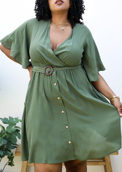 Anna-Kaci Women's Plus Size Short Sleeve Button-Down Dress with Flowy Skirt and Waist Belt