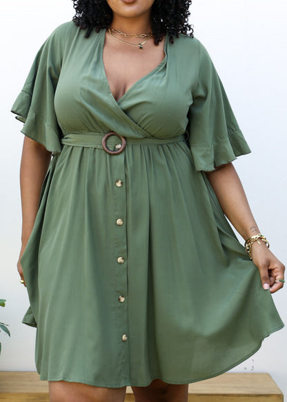 Anna-Kaci Women's Plus Size Short Sleeve Button-Down Dress with Flowy Skirt and Waist Belt