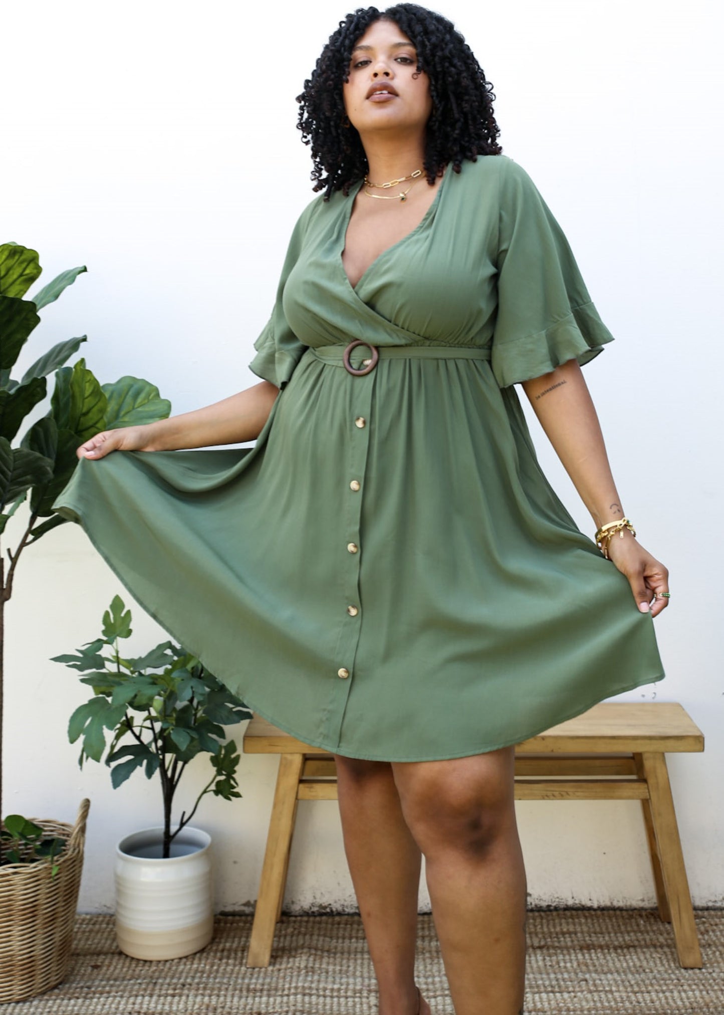 Anna-Kaci Women's Plus Size Short Sleeve Button-Down Dress with Flowy Skirt and Waist Belt