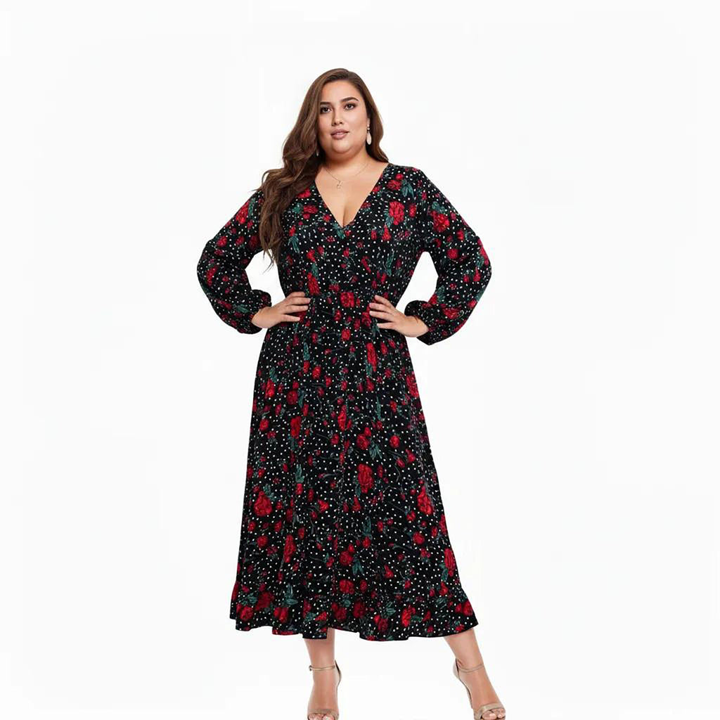 Anna-Kaci Women's Paisley Print Long Sleeve Midi Dress with Round Neckline and Adjustable Waist Tie